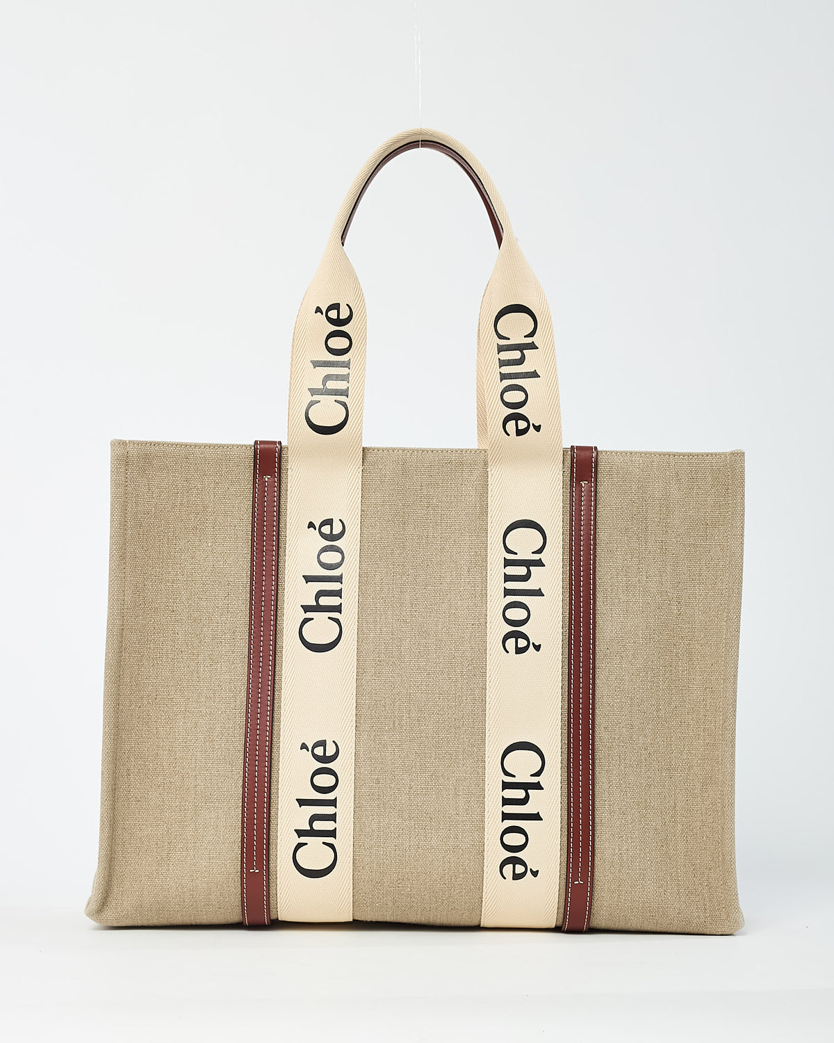 Chloé Beige Canvas & Brown Leather Trim Large Woody Tote Bag