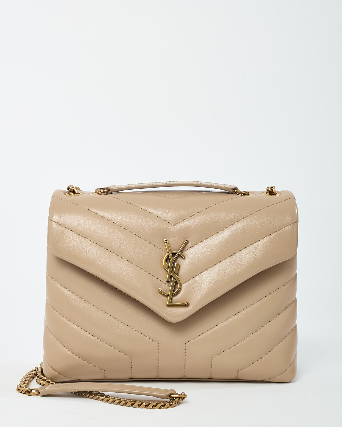 Saint Laurent Beige Chevron Leather Small GHW YSL Monogram Loulou Shoulder Bag
