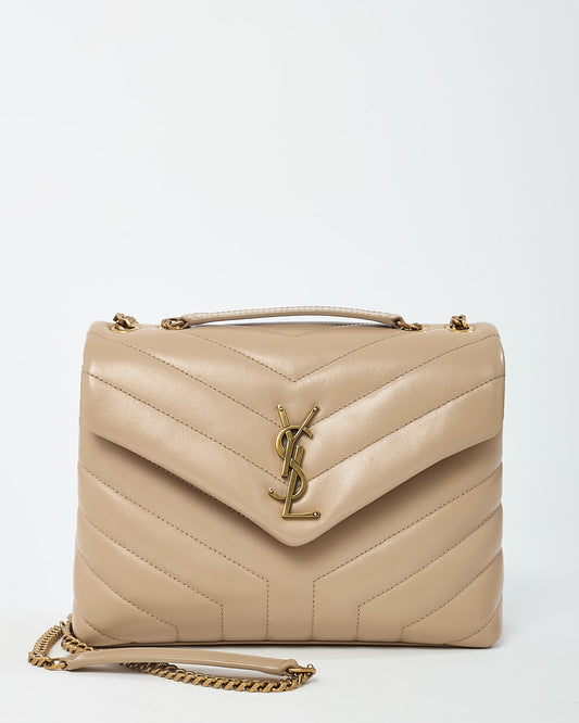 Saint Laurent Beige Chevron Leather Small GHW YSL Monogram Loulou Shoulder Bag