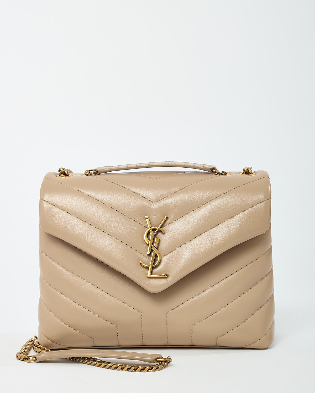 Saint Laurent Beige Chevron Leather Small GHW YSL Monogram Loulou Shoulder Bag