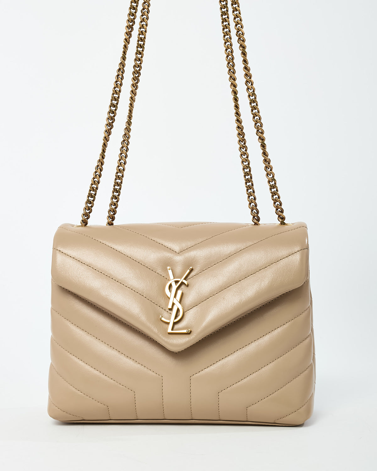 Saint Laurent Beige Chevron Leather Small GHW YSL Monogram Loulou Shoulder Bag