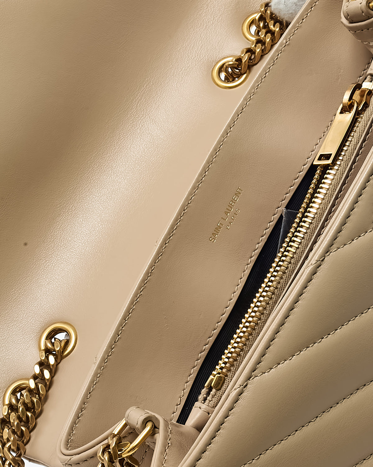 Saint Laurent Beige Chevron Leather Small GHW YSL Monogram Loulou Shoulder Bag