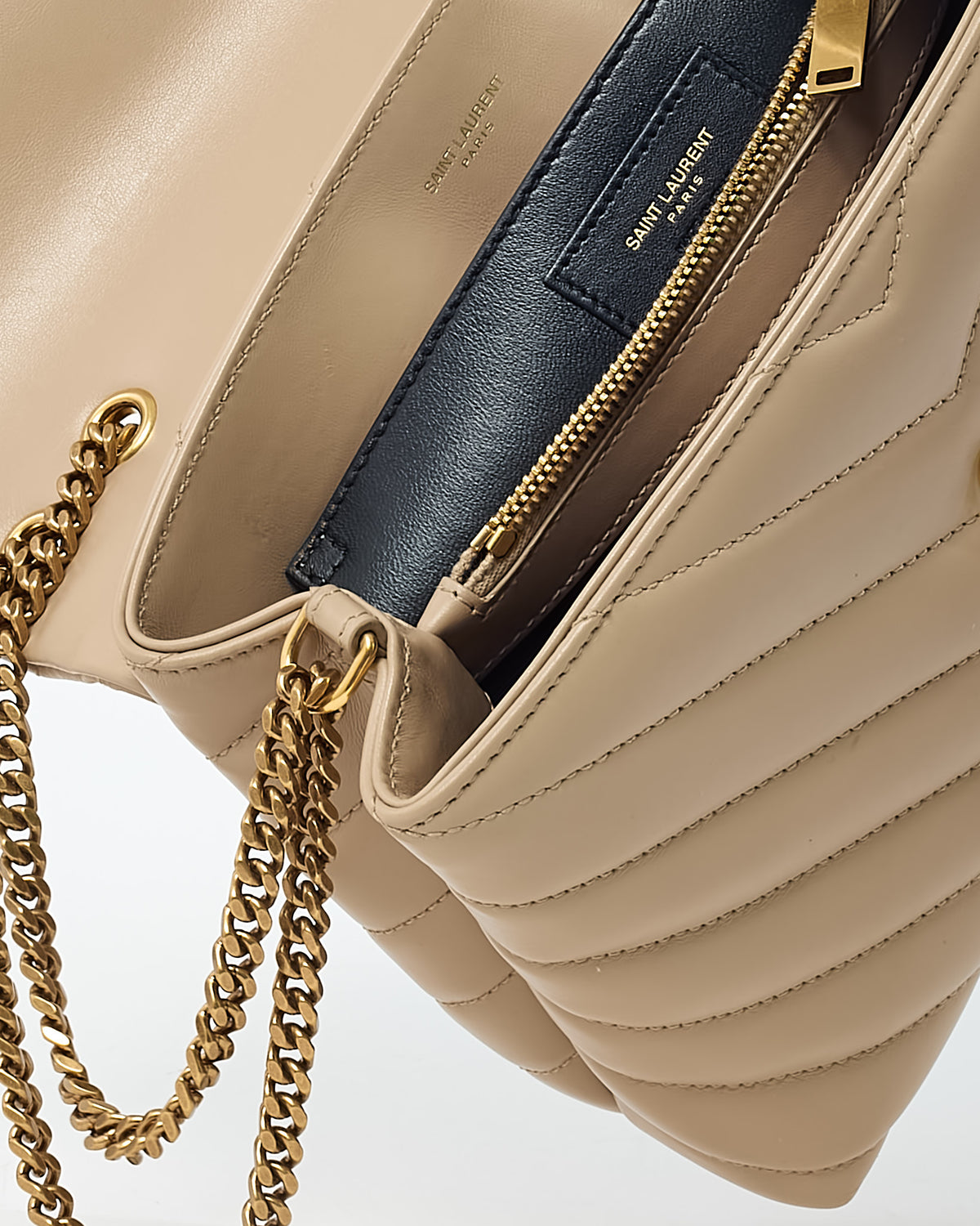 Saint Laurent Beige Chevron Leather Small GHW YSL Monogram Loulou Shoulder Bag