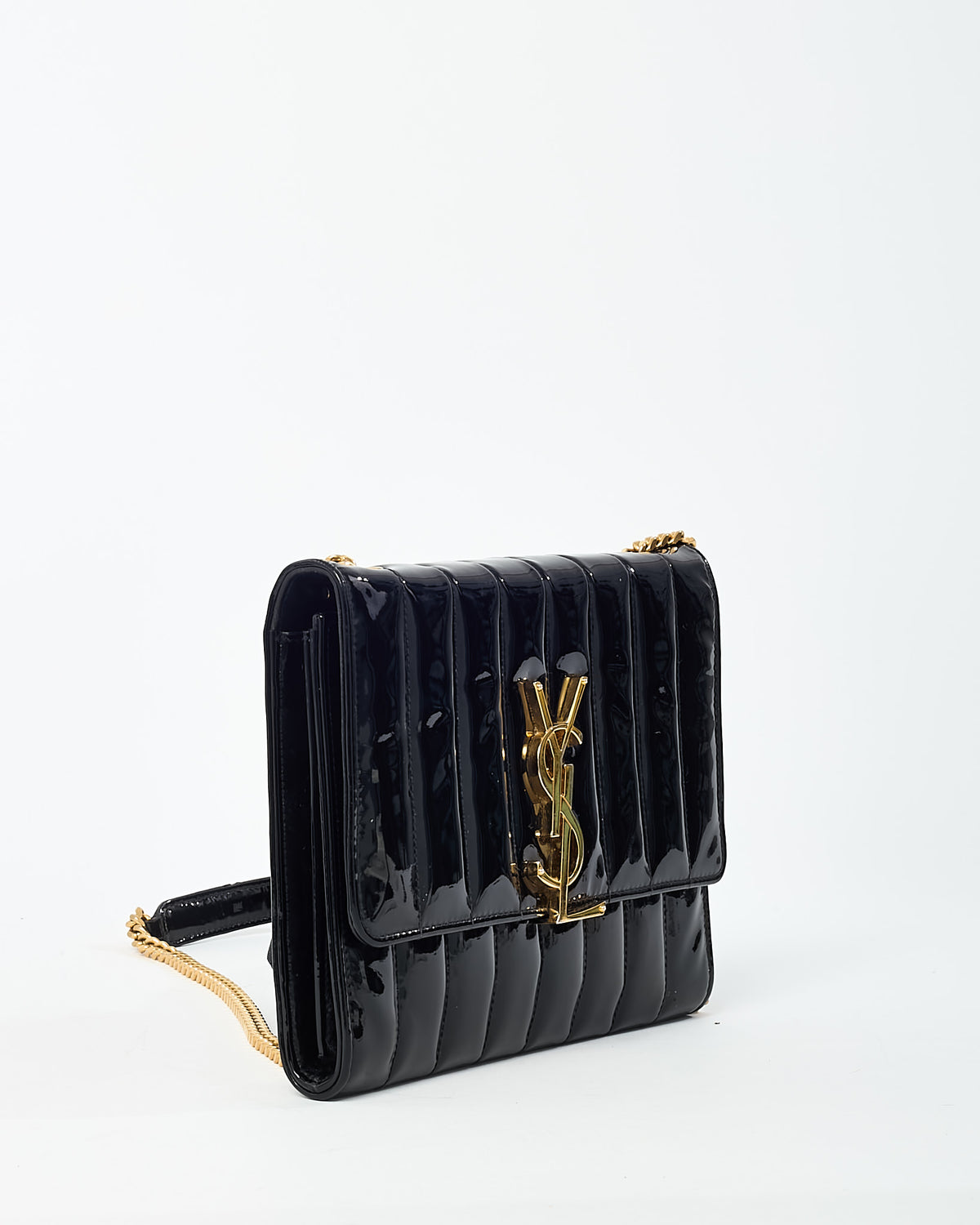 Saint Laurent Black Patent Leather Medium Vicky GHW YSL Logo Chain Shoulder Bag