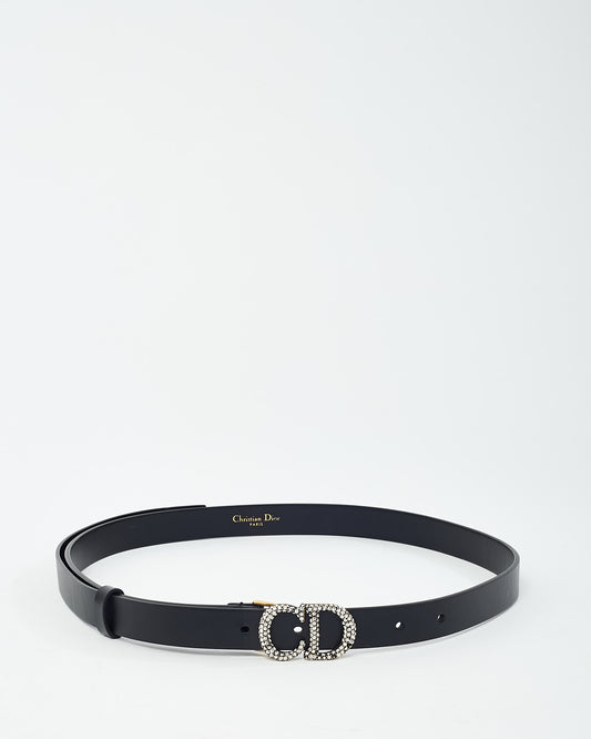Dior Black Leather Crystal CD Logo Thin Belt - 80
