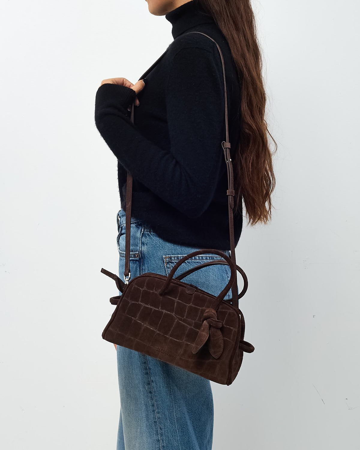 Jacquemus Brown Croc-Embossed Suede Le Petit Turismo Bowling Bag with Strap