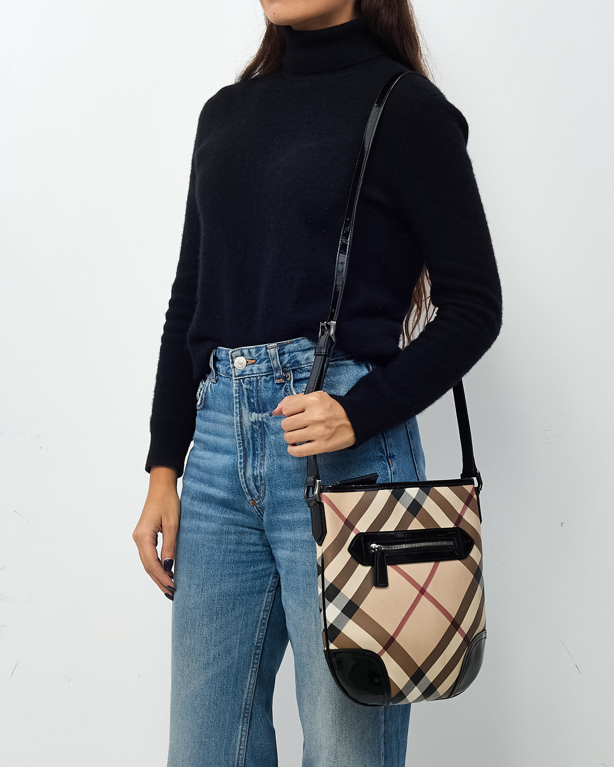 Burberry Beige Nova Check Coated Canvas Black Patent Trim Dryden Crossbody Bag