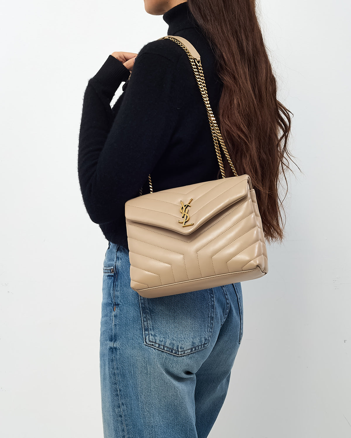 Saint Laurent Beige Chevron Leather Small GHW YSL Monogram Loulou Shoulder Bag