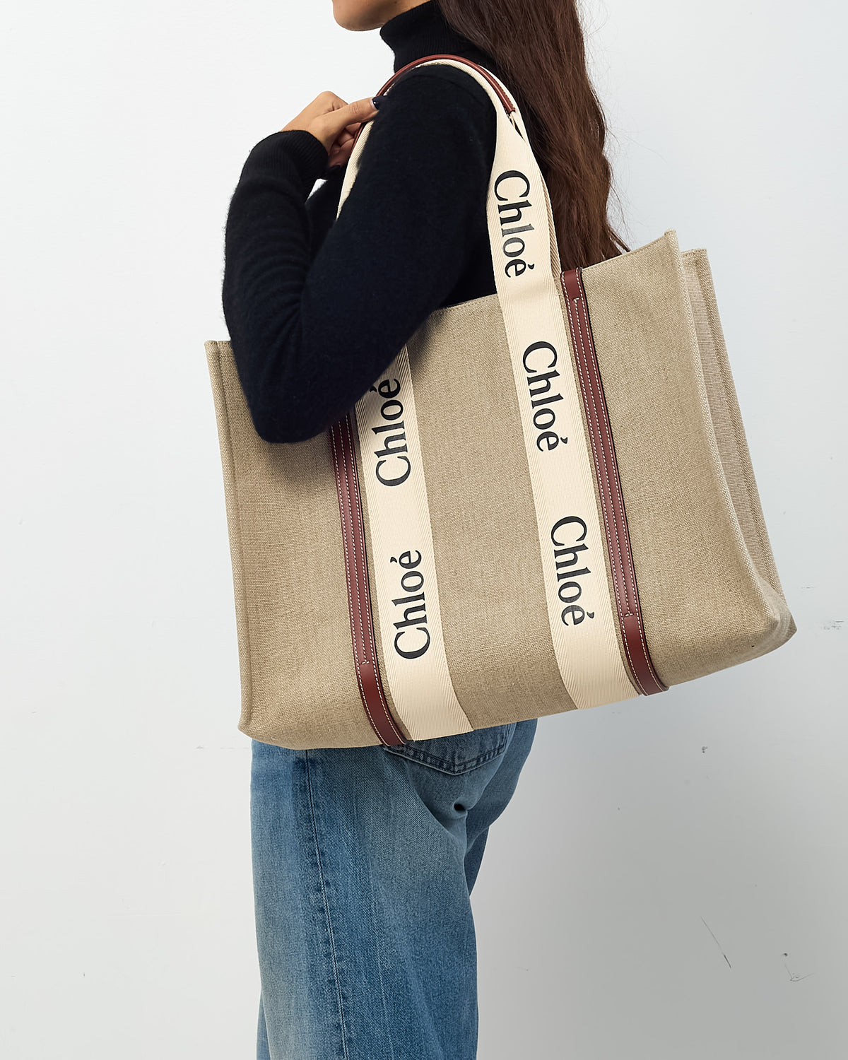 Chloé Beige Canvas & Brown Leather Trim Large Woody Tote Bag