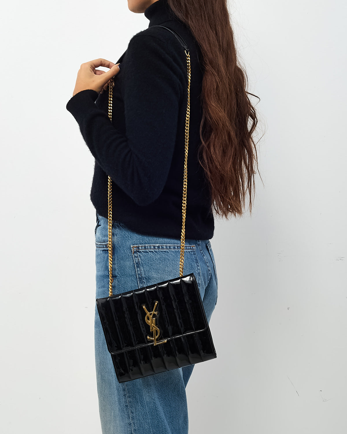 Saint Laurent Black Patent Leather Medium Vicky GHW YSL Logo Chain Shoulder Bag