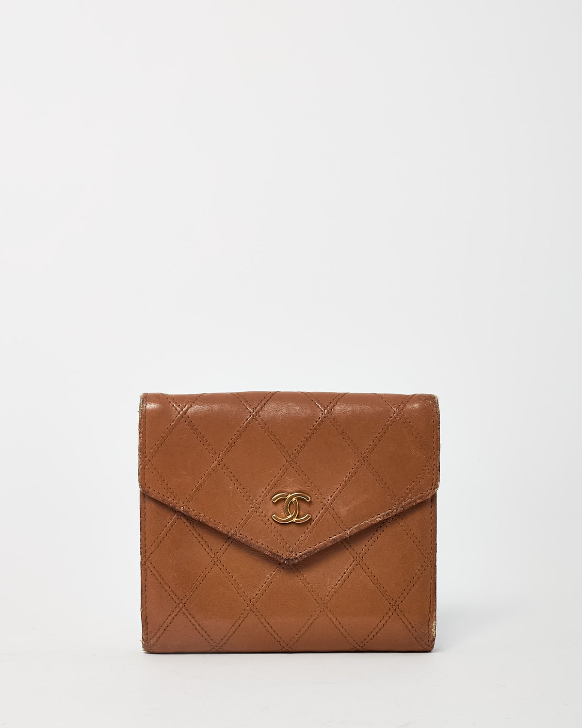 Chanel Vintage Dark Beige Quilted Calf Leather CC Logo Compact Wallet