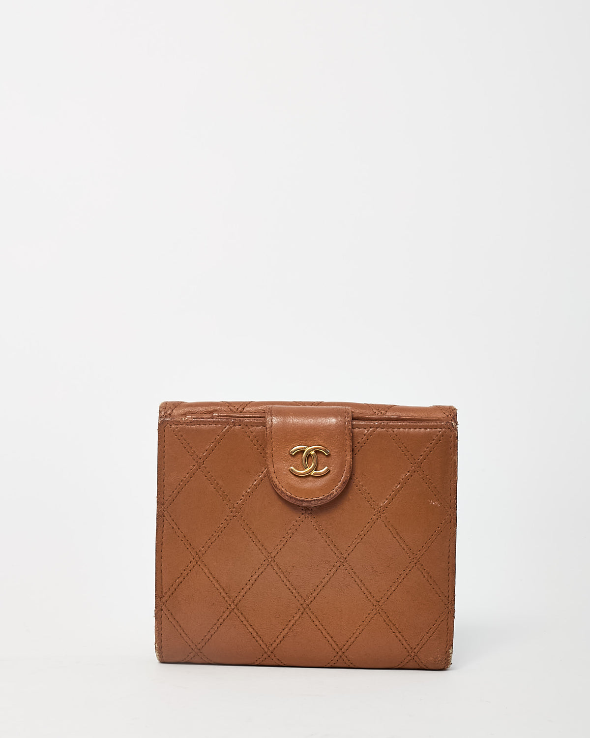 Chanel Vintage Dark Beige Quilted Calf Leather CC Logo Compact Wallet