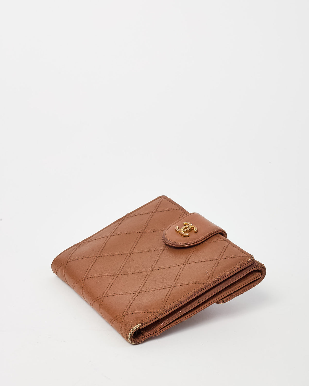 Chanel Vintage Dark Beige Quilted Calf Leather CC Logo Compact Wallet