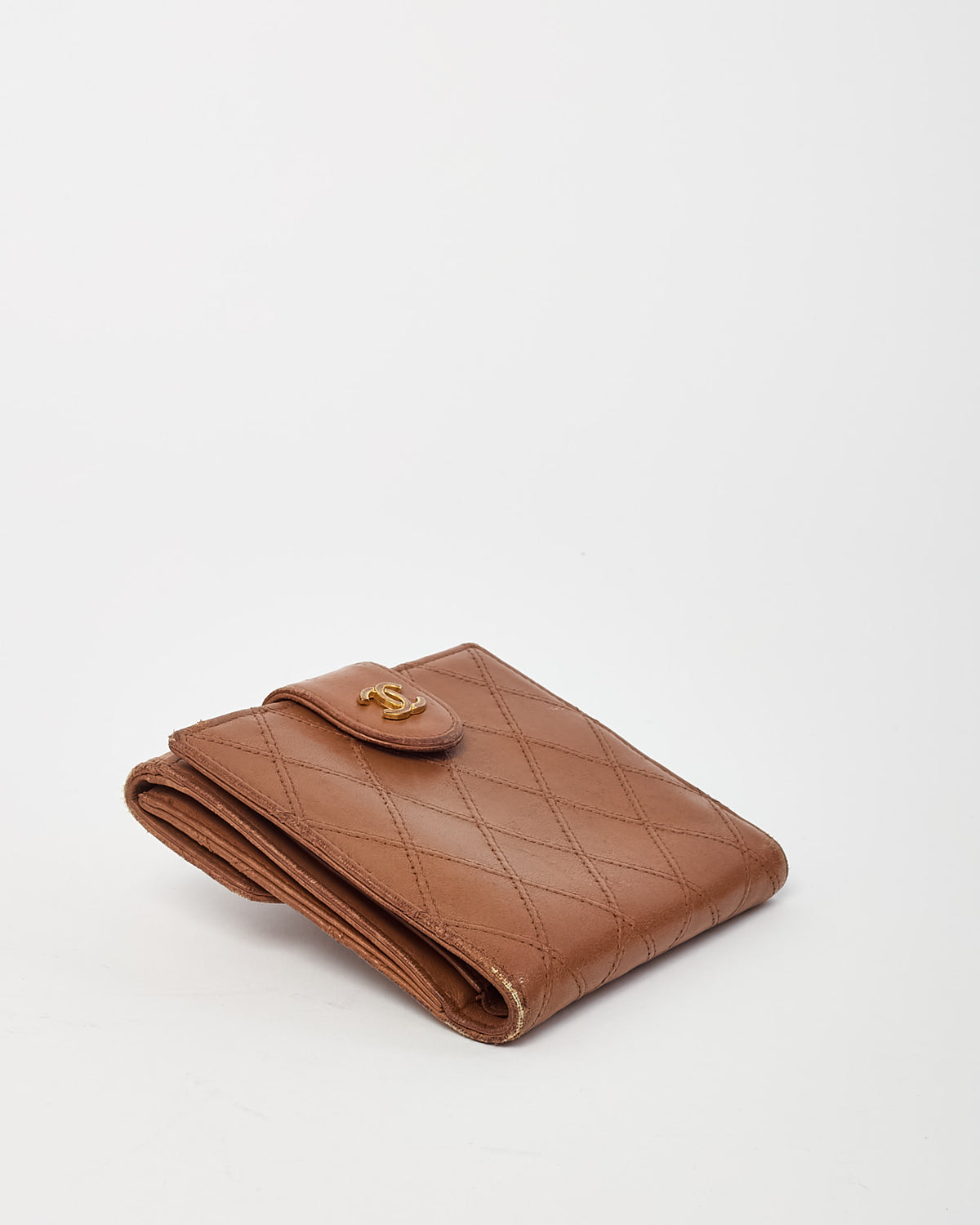 Chanel Vintage Dark Beige Quilted Calf Leather CC Logo Compact Wallet