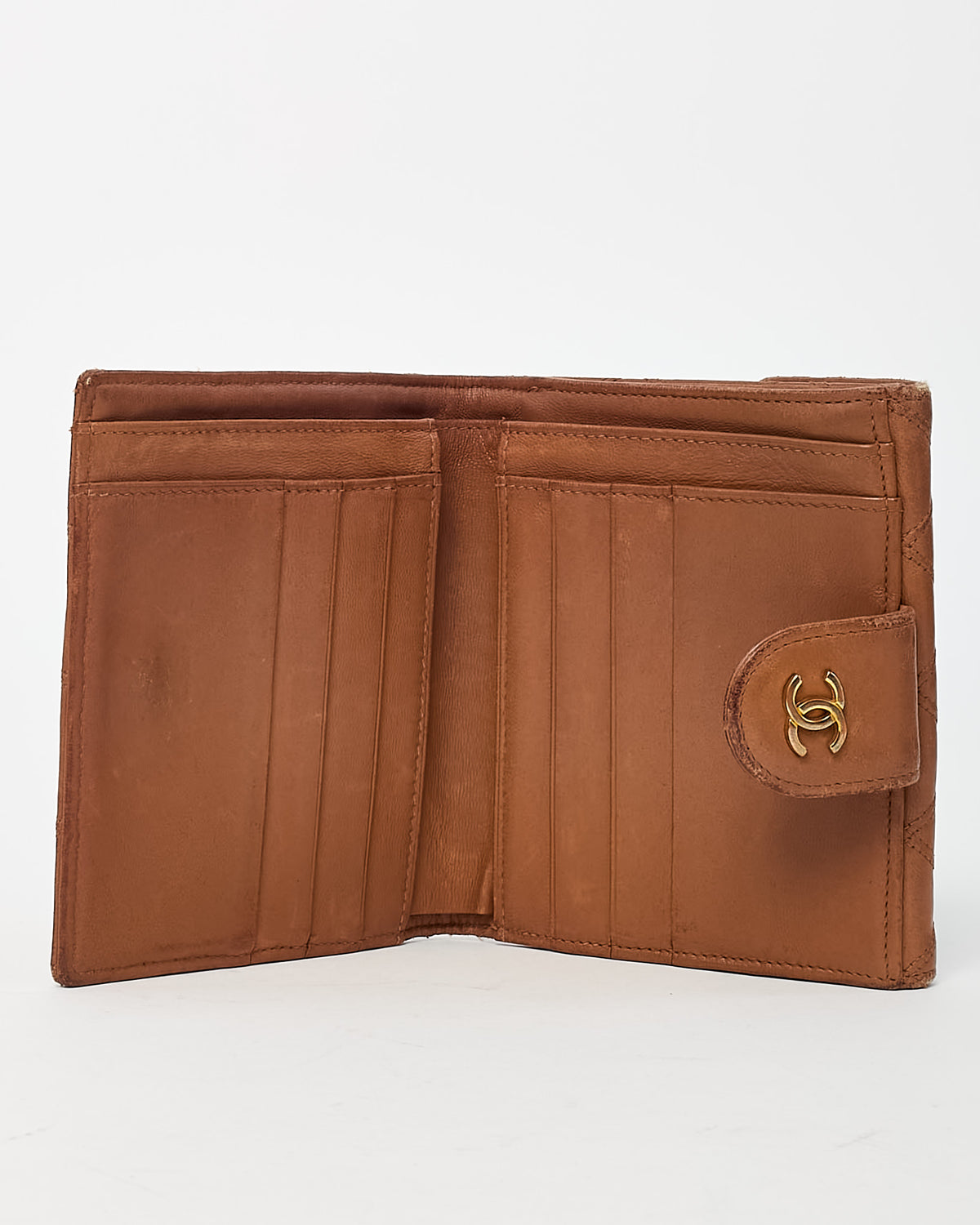 Chanel Vintage Dark Beige Quilted Calf Leather CC Logo Compact Wallet