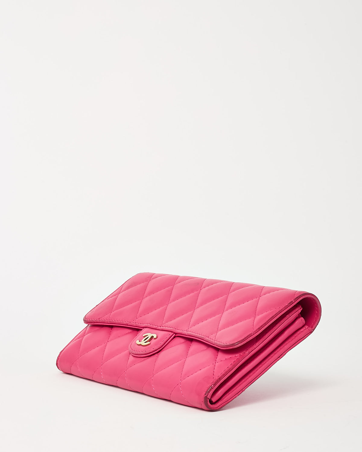 Chanel Dark Pink Quilted Lambskin Leather GHW CC Logo Continental Wallet