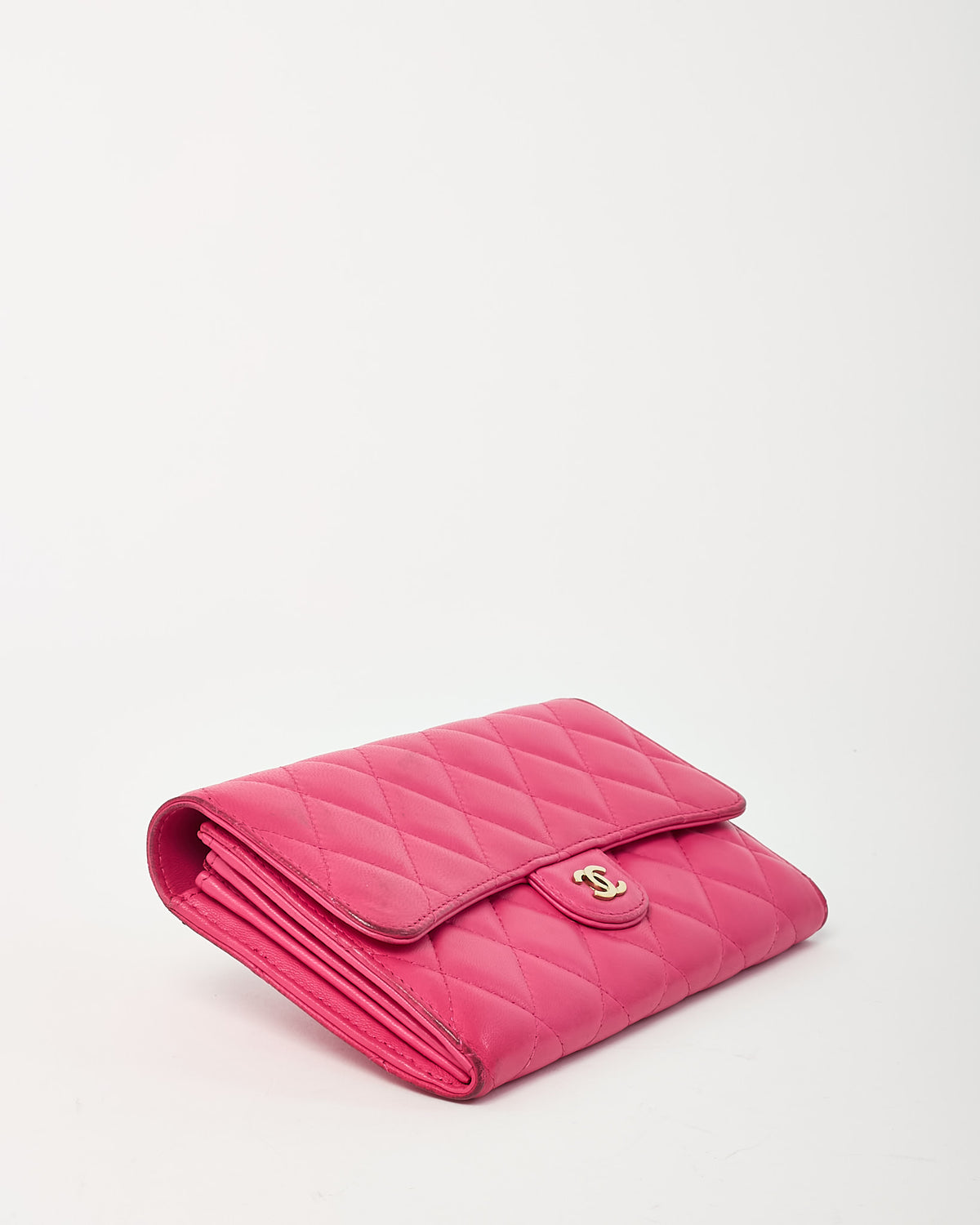Chanel Dark Pink Quilted Lambskin Leather GHW CC Logo Continental Wallet