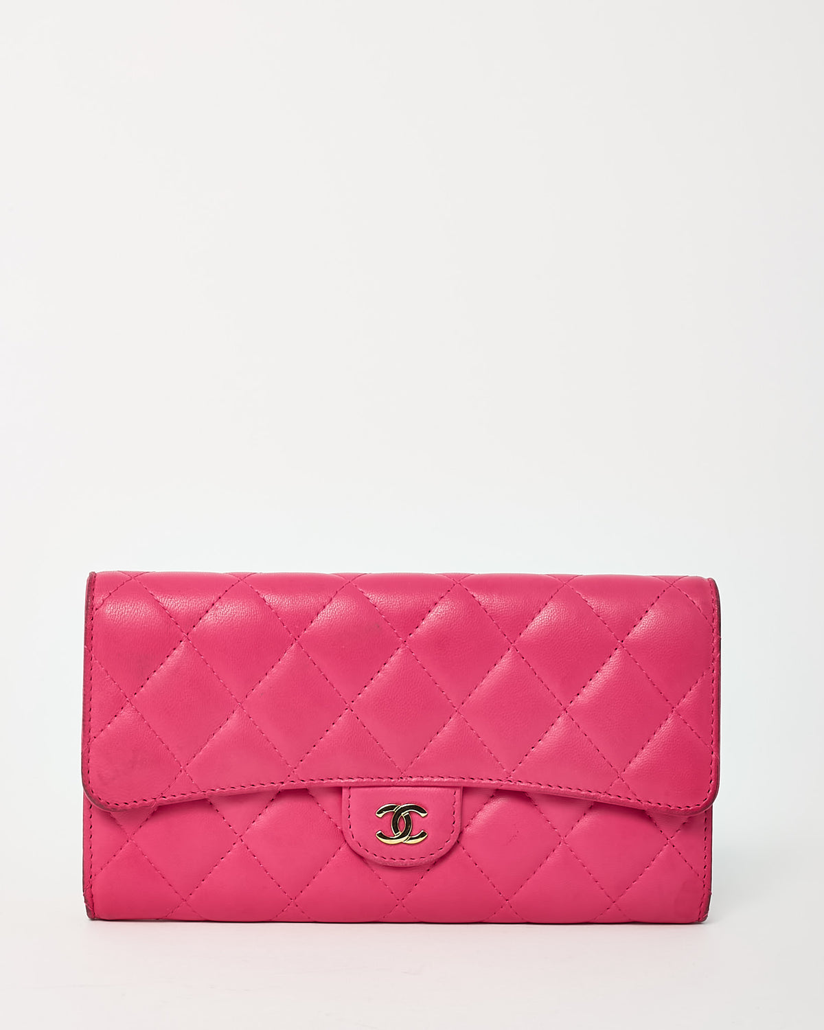 Chanel Dark Pink Quilted Lambskin Leather GHW CC Logo Continental Wallet