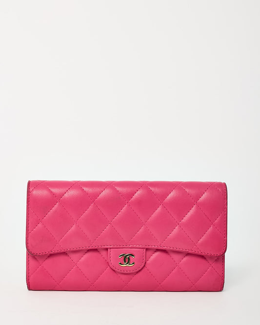 Chanel Dark Pink Quilted Lambskin Leather GHW CC Logo Continental Wallet