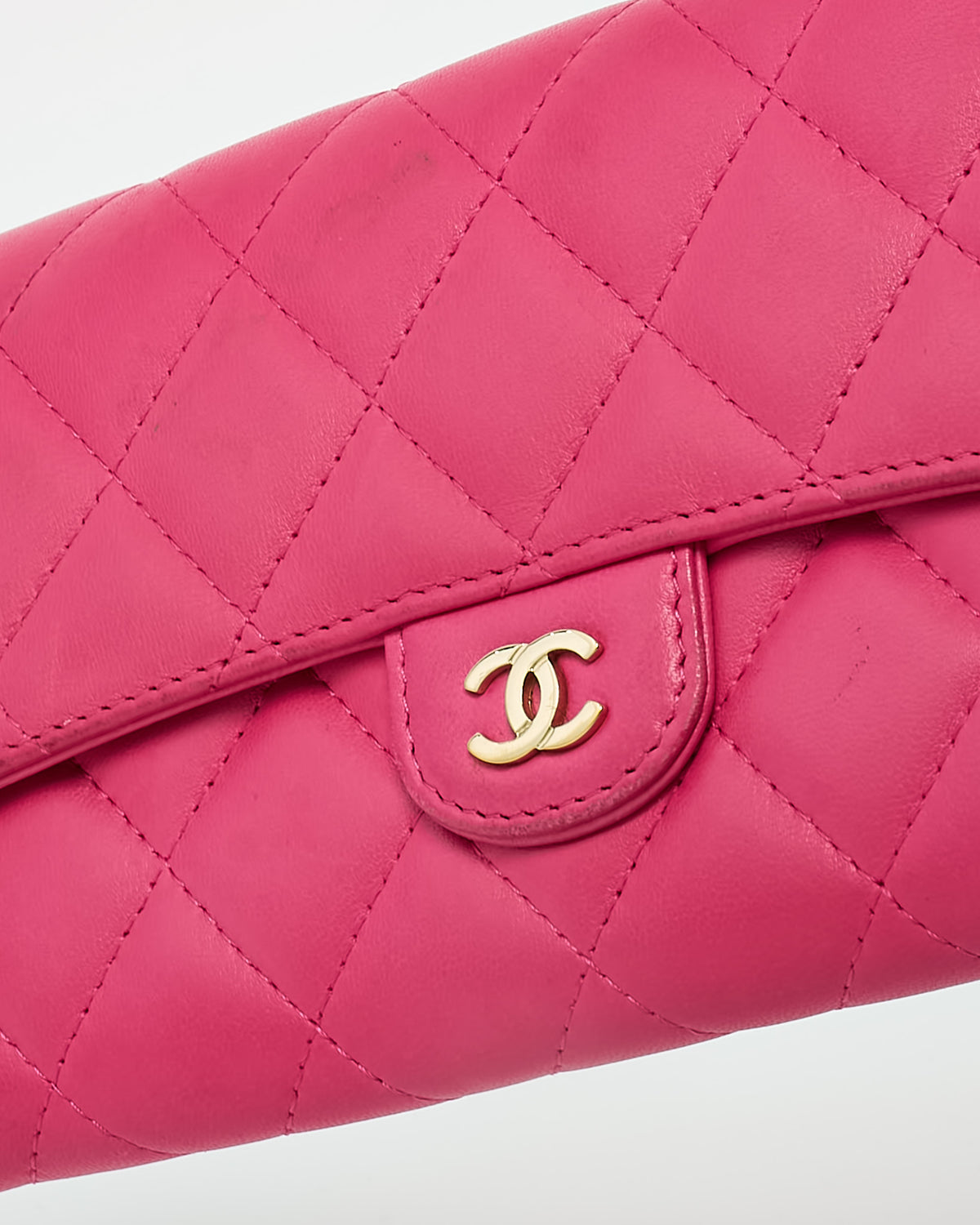 Chanel Dark Pink Quilted Lambskin Leather GHW CC Logo Continental Wallet