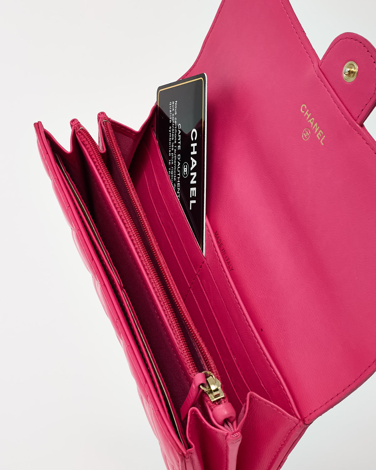 Chanel Dark Pink Quilted Lambskin Leather GHW CC Logo Continental Wallet