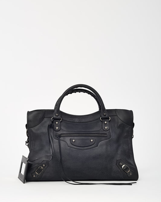 Balenciaga Distressed Black Calfskin Leather Medium Le City Bag