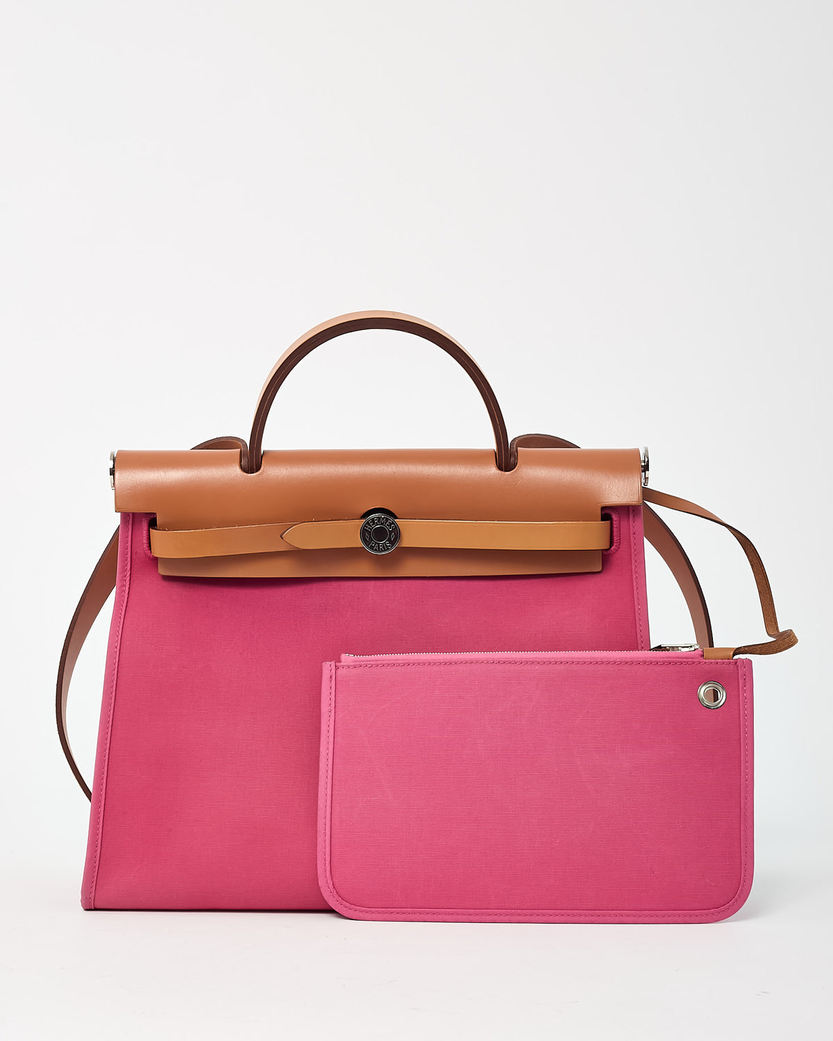 Hermès Tan Leather and Pink Toile Canvas Herbag Zip 31 with Palladium Hardware