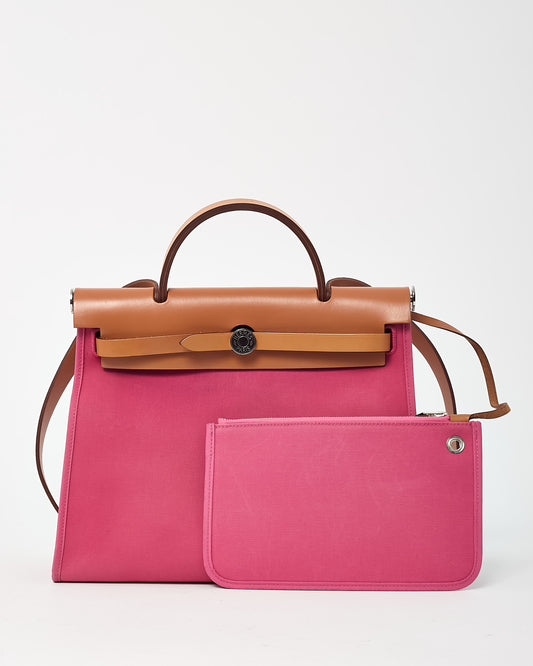 Hermès Tan Leather and Pink Toile Canvas Herbag Zip 31 with Palladium Hardware