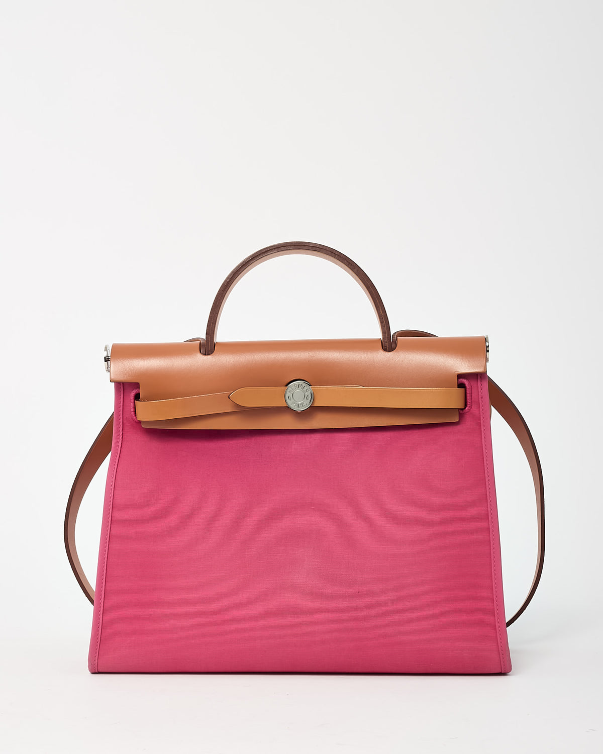 Hermès Tan Leather and Pink Toile Canvas Herbag Zip 31 with Palladium Hardware