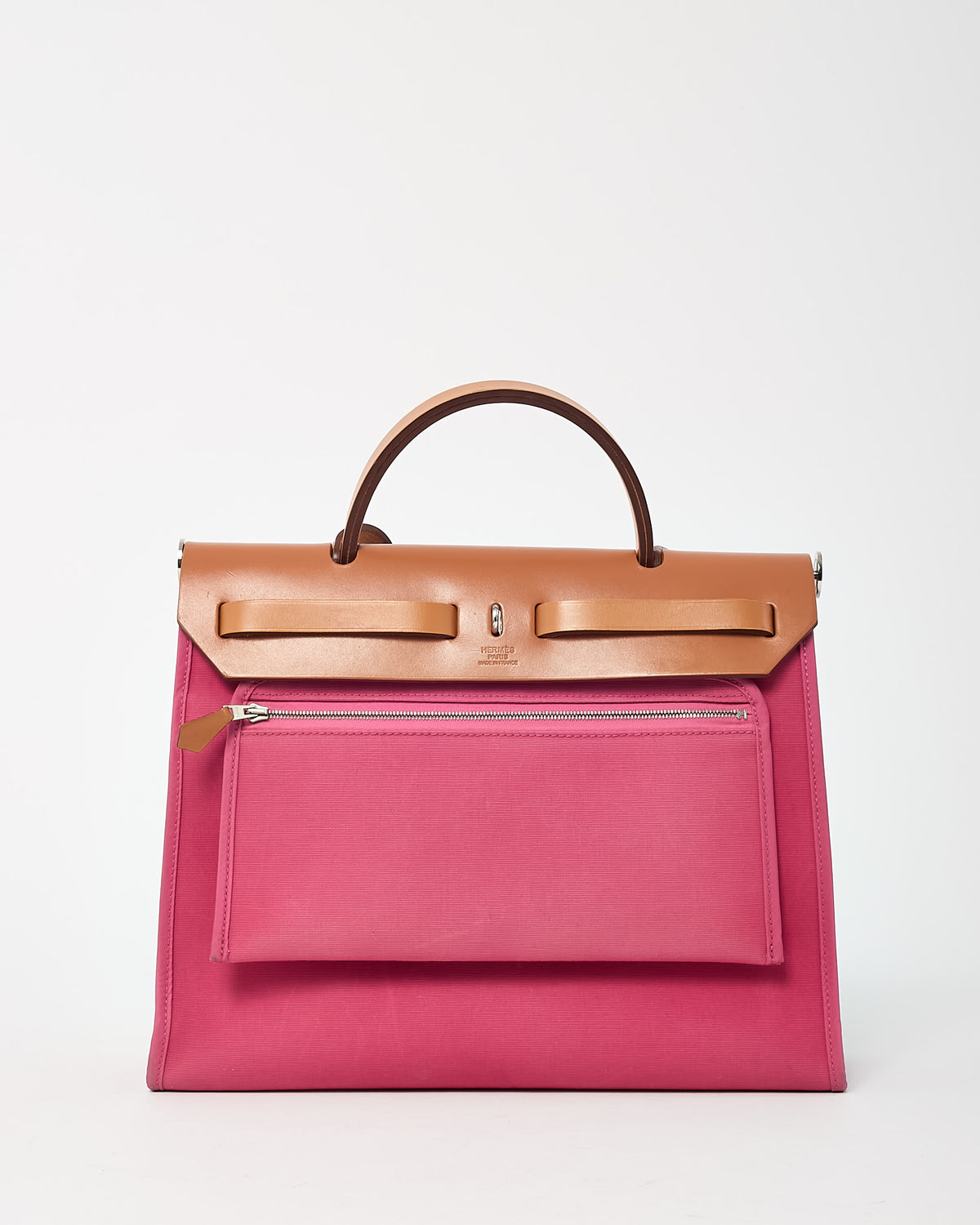 Hermès Tan Leather and Pink Toile Canvas Herbag Zip 31 with Palladium Hardware