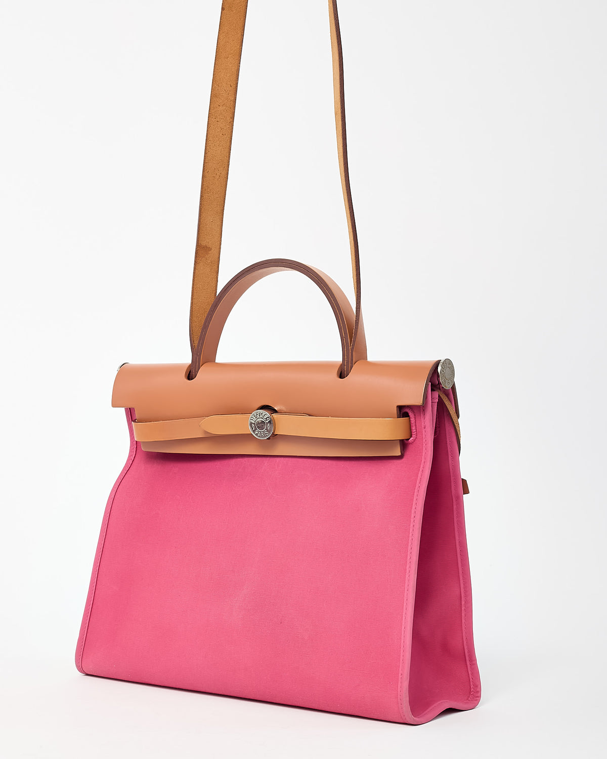 Hermès Tan Leather and Pink Toile Canvas Herbag Zip 31 with Palladium Hardware