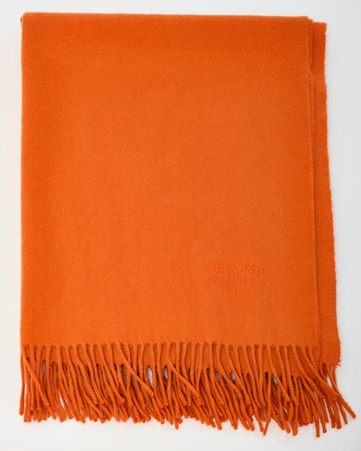 Hermès Orange Cashmere Logo Fringe Muffler Stole Scarf