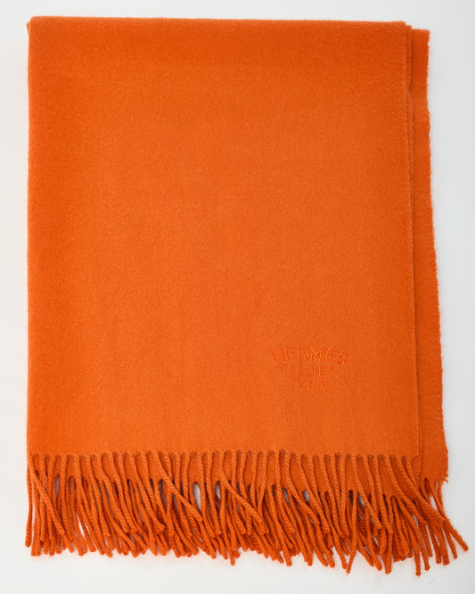 Hermès Orange Cashmere Logo Fringe Muffler Stole Scarf