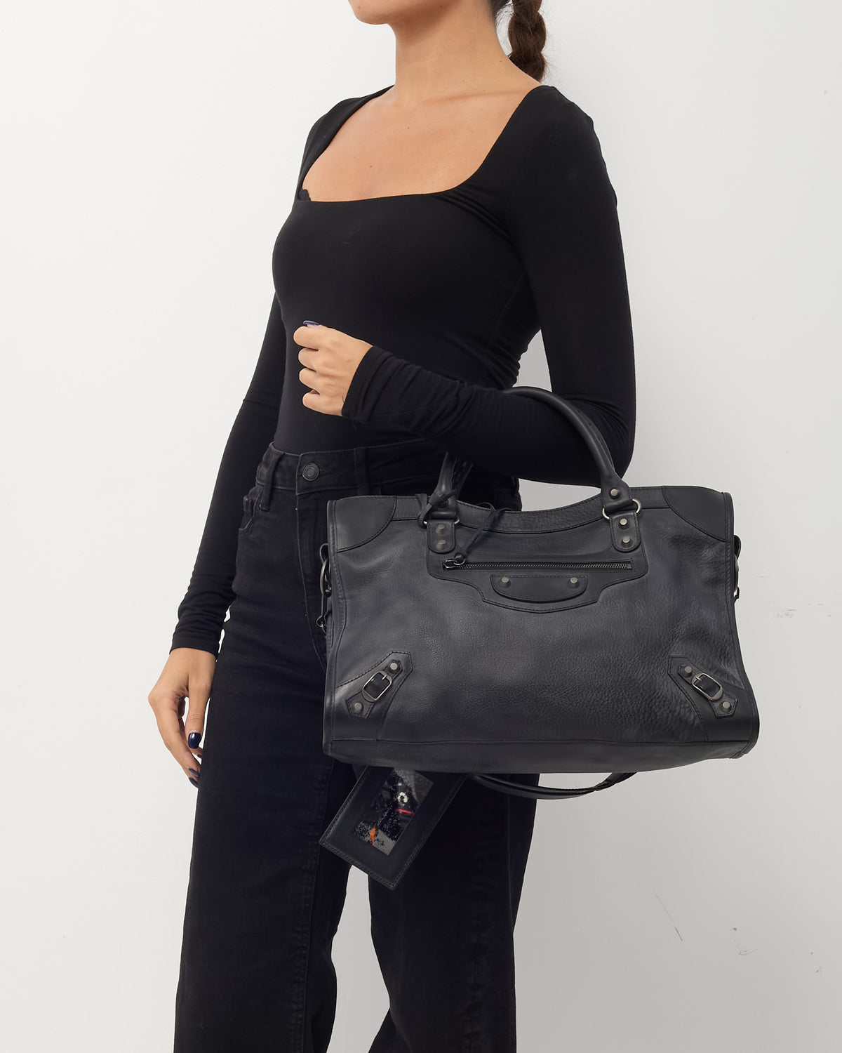 Balenciaga Distressed Black Calfskin Leather Medium Le City Bag