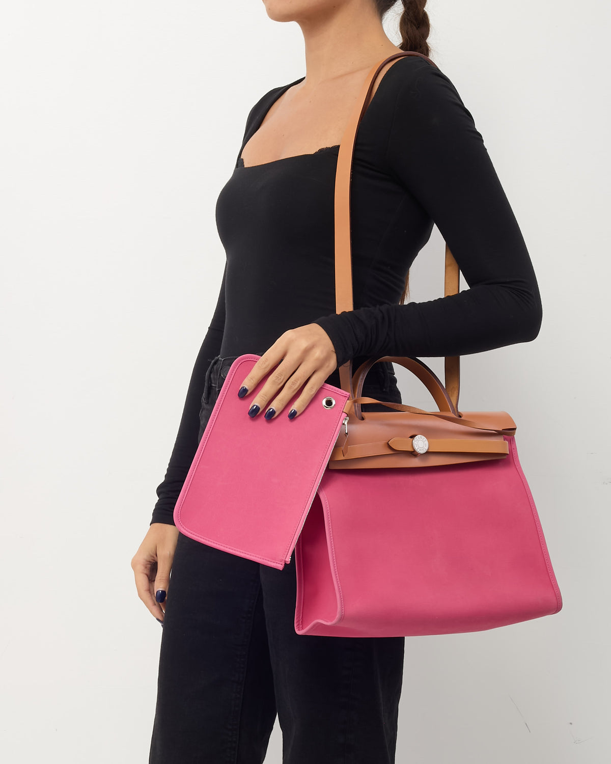 Hermès Tan Leather and Pink Toile Canvas Herbag Zip 31 with Palladium Hardware