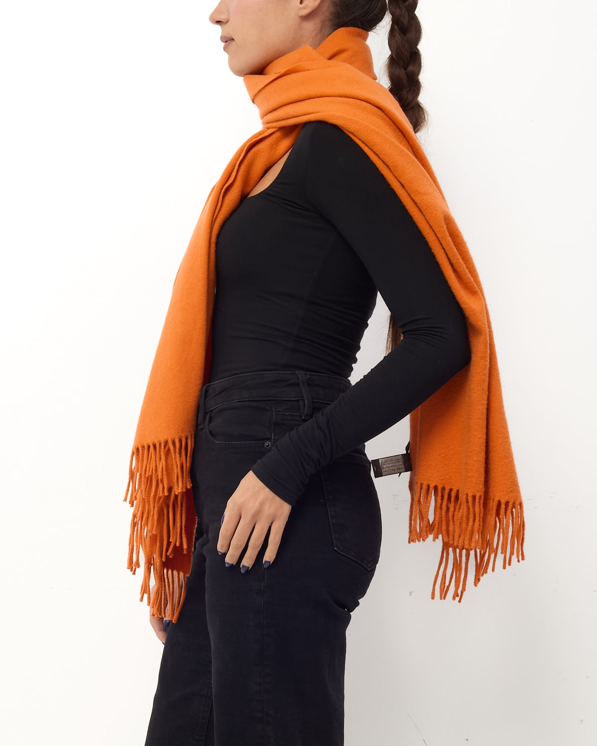 Hermès Orange Cashmere Logo Fringe Muffler Stole Scarf