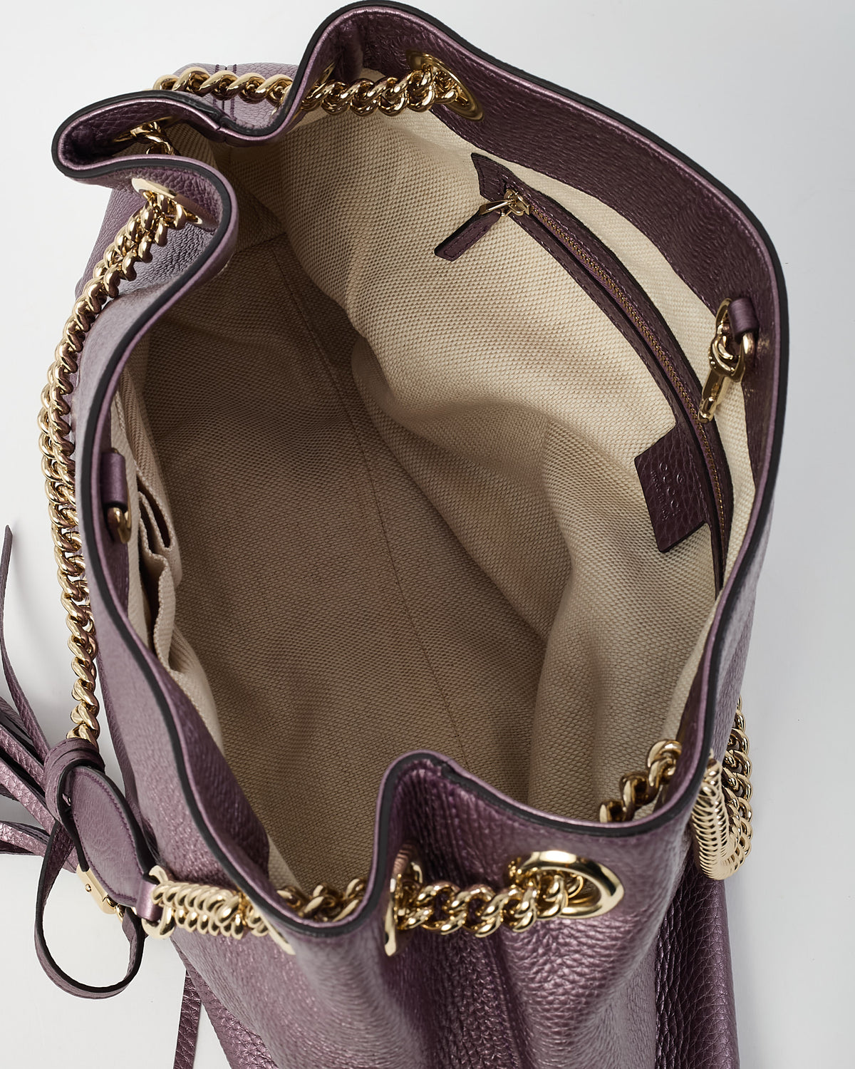 Gucci Metallic Purple Pebbled Leather GG Soho Chain Shoulder Bag