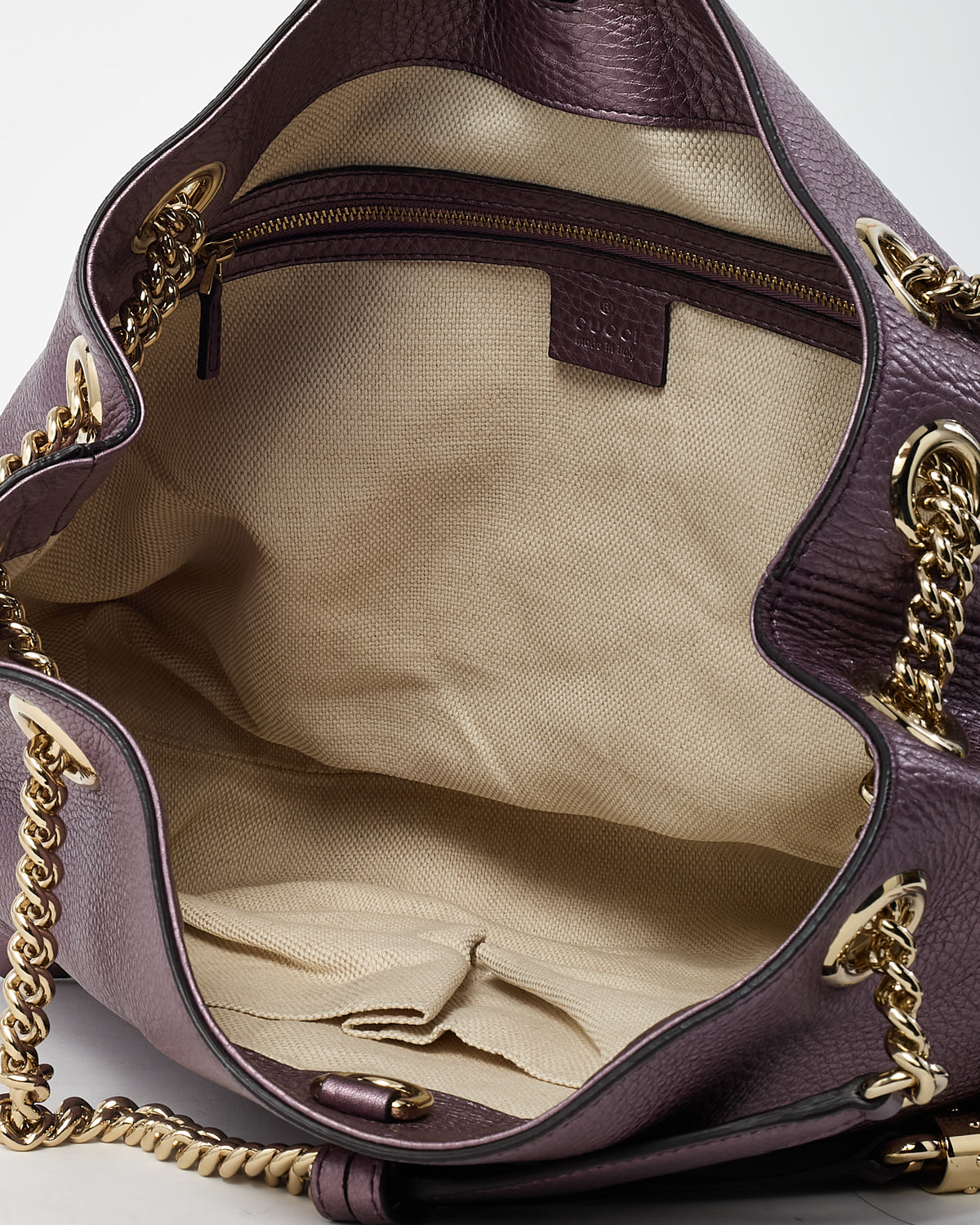 Gucci Metallic Purple Pebbled Leather GG Soho Chain Shoulder Bag