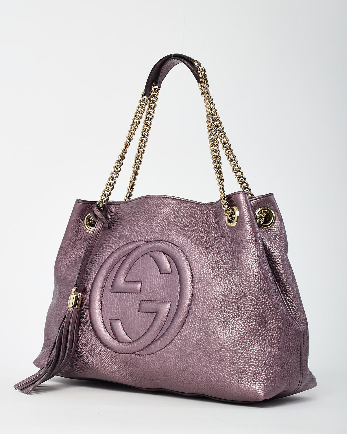 Gucci Metallic Purple Pebbled Leather GG Soho Chain Shoulder Bag