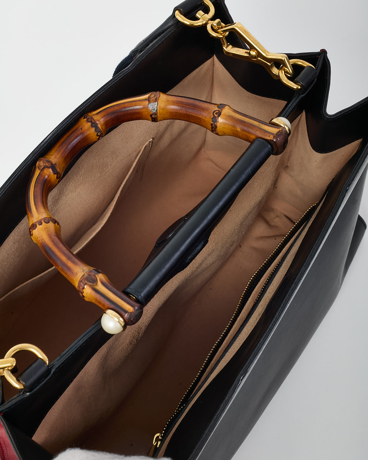 Gucci Black and Red Smooth Leather Large Nymphaea Bamboo Top Handle Bag with Web Strap