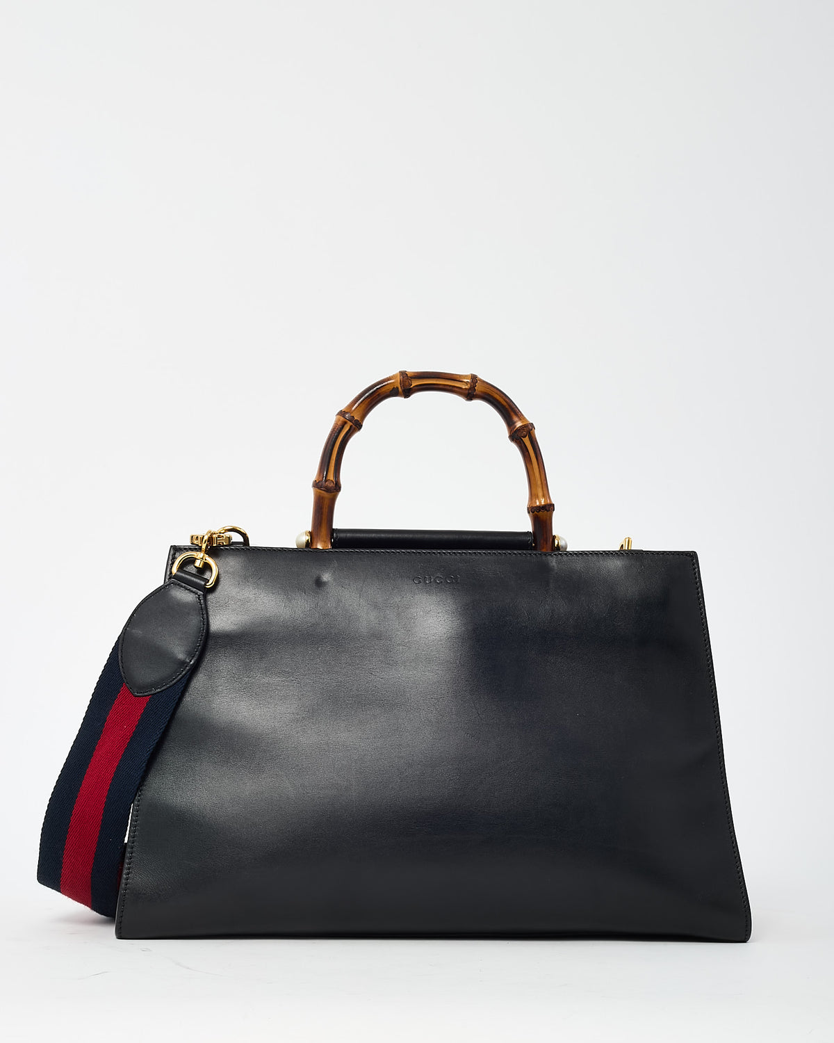 Gucci Black and Red Smooth Leather Large Nymphaea Bamboo Top Handle Bag with Web Strap