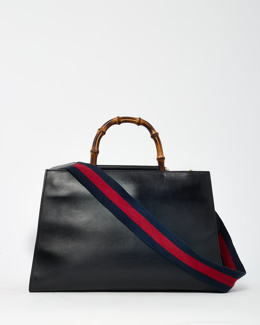 Gucci Black and Red Smooth Leather Large Nymphaea Bamboo Top Handle Bag with Web Strap