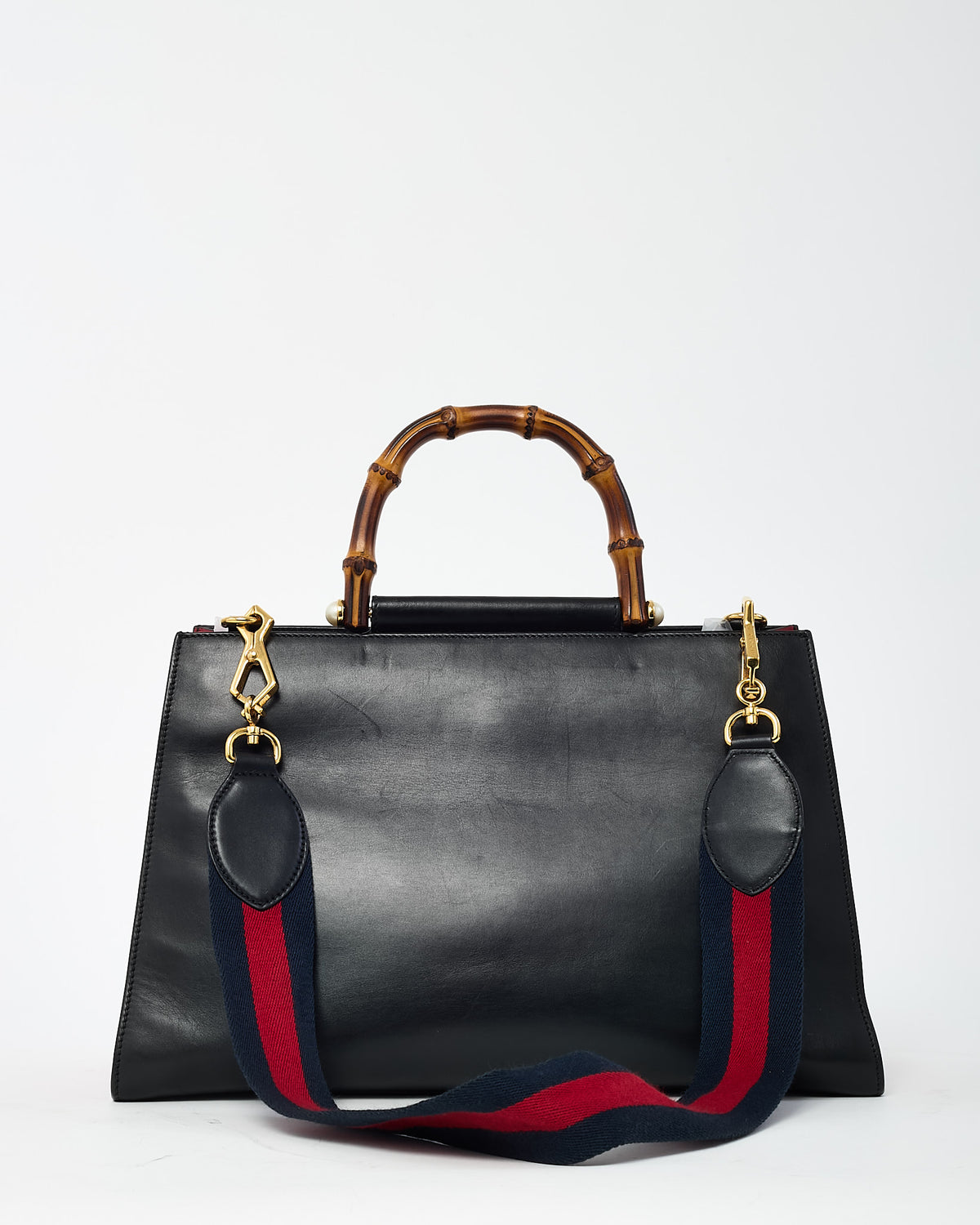 Gucci Black and Red Smooth Leather Large Nymphaea Bamboo Top Handle Bag with Web Strap