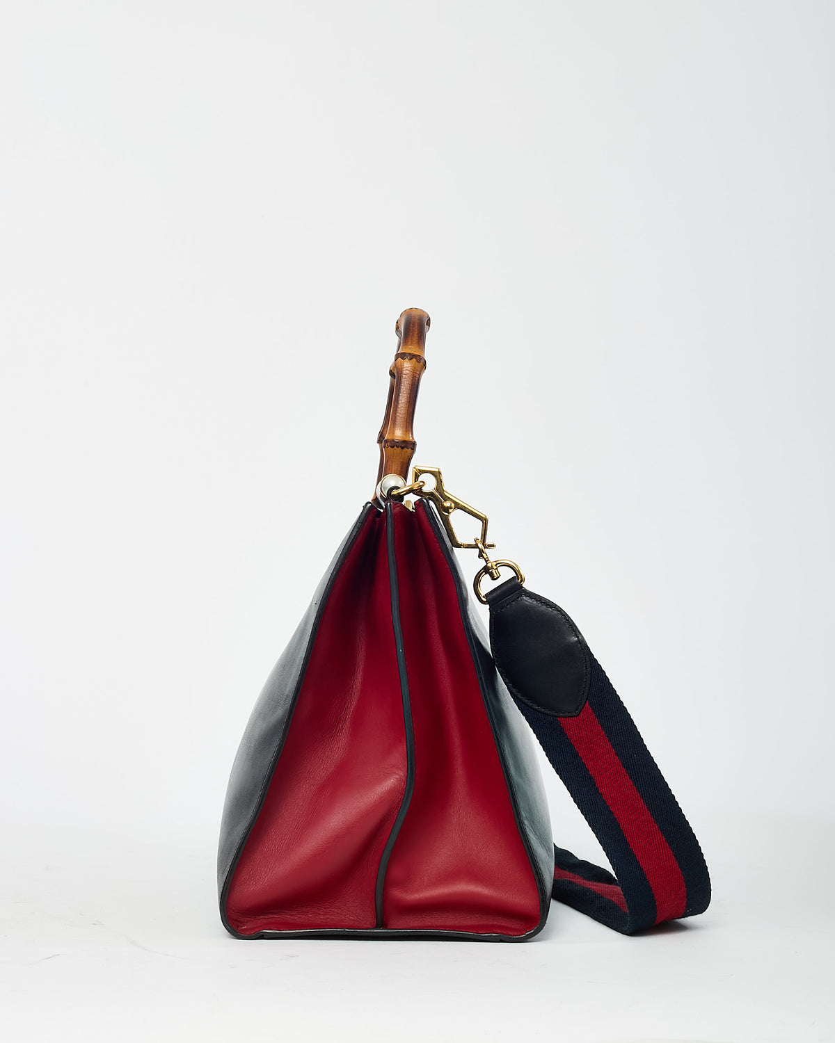 Gucci Black and Red Smooth Leather Large Nymphaea Bamboo Top Handle Bag with Web Strap