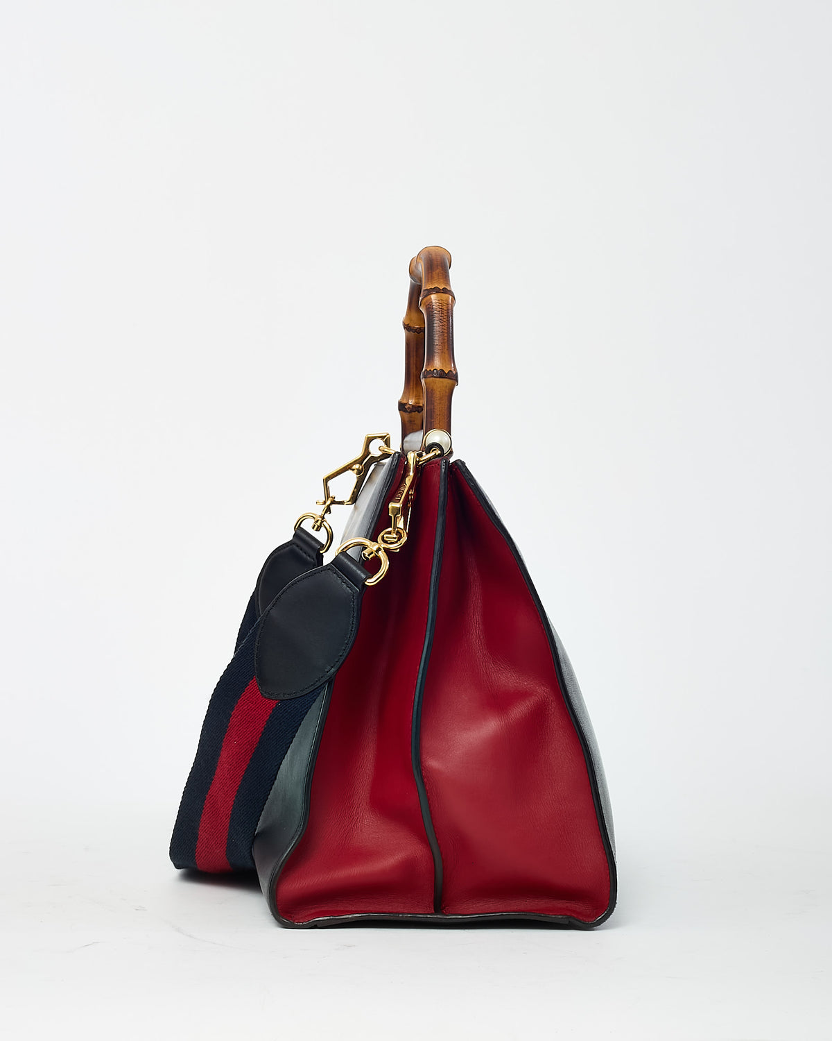 Gucci Black and Red Smooth Leather Large Nymphaea Bamboo Top Handle Bag with Web Strap