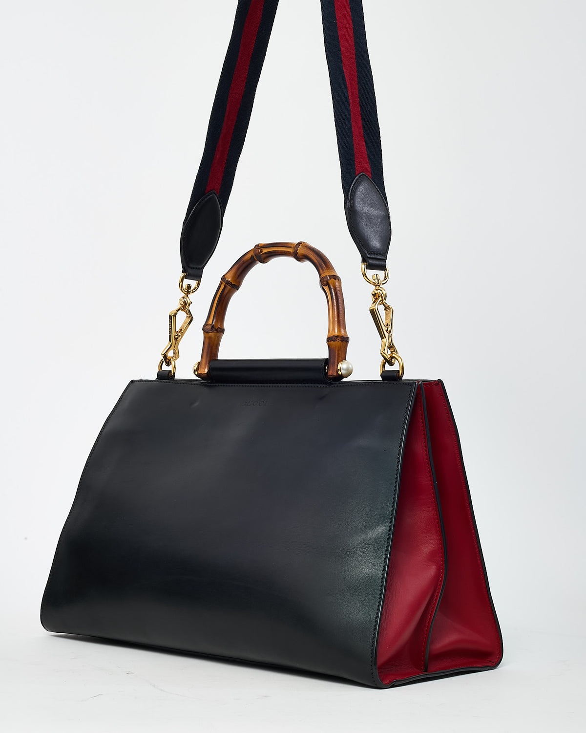 Gucci Black and Red Smooth Leather Large Nymphaea Bamboo Top Handle Bag with Web Strap