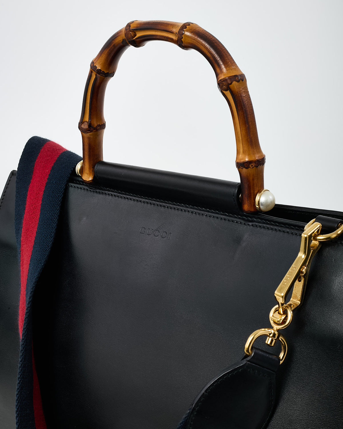 Gucci Black and Red Smooth Leather Large Nymphaea Bamboo Top Handle Bag with Web Strap