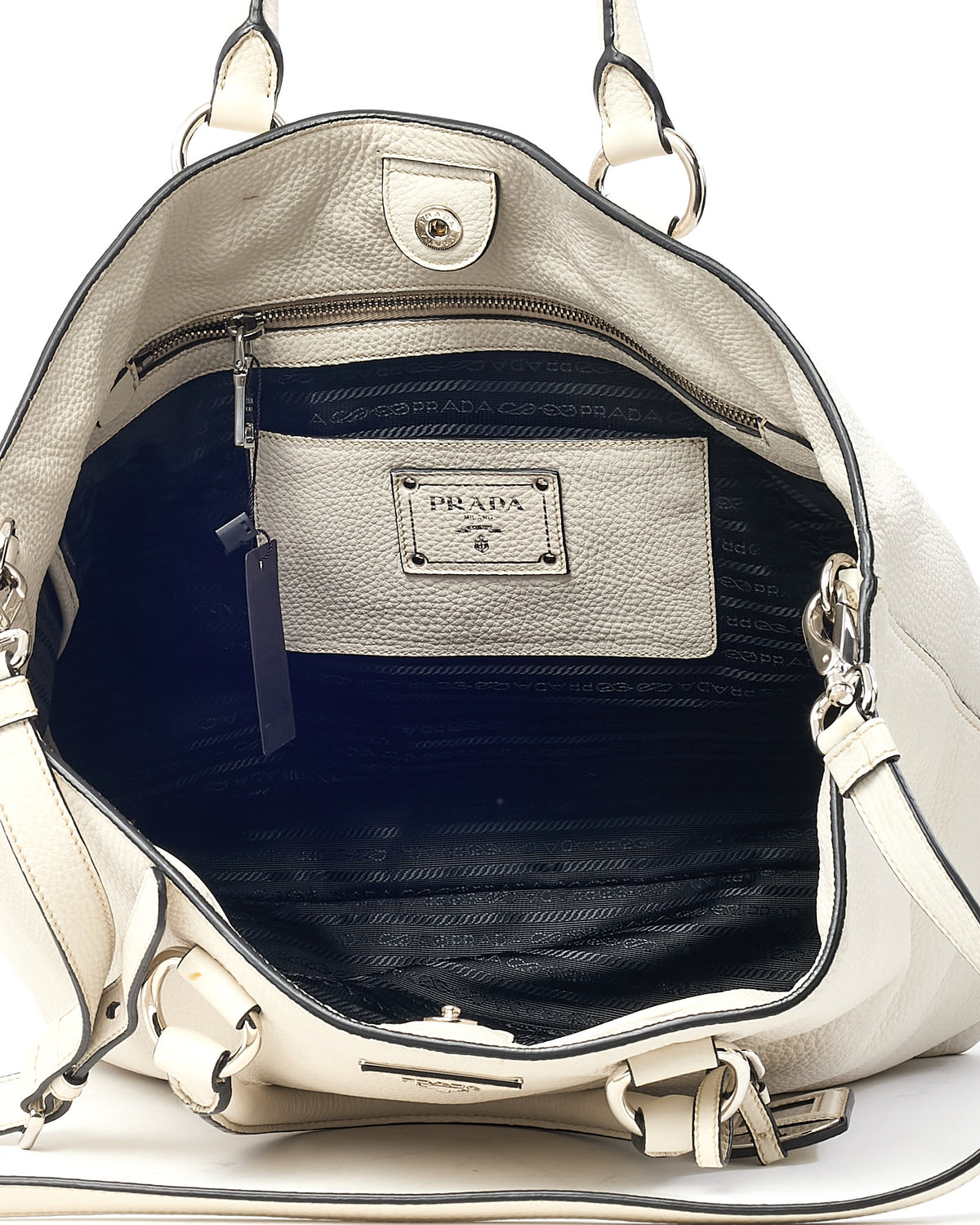 Prada White Vitello Daino Leather 2Way Tote with Strap