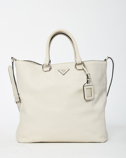 Prada White Vitello Daino Leather 2Way Tote with Strap