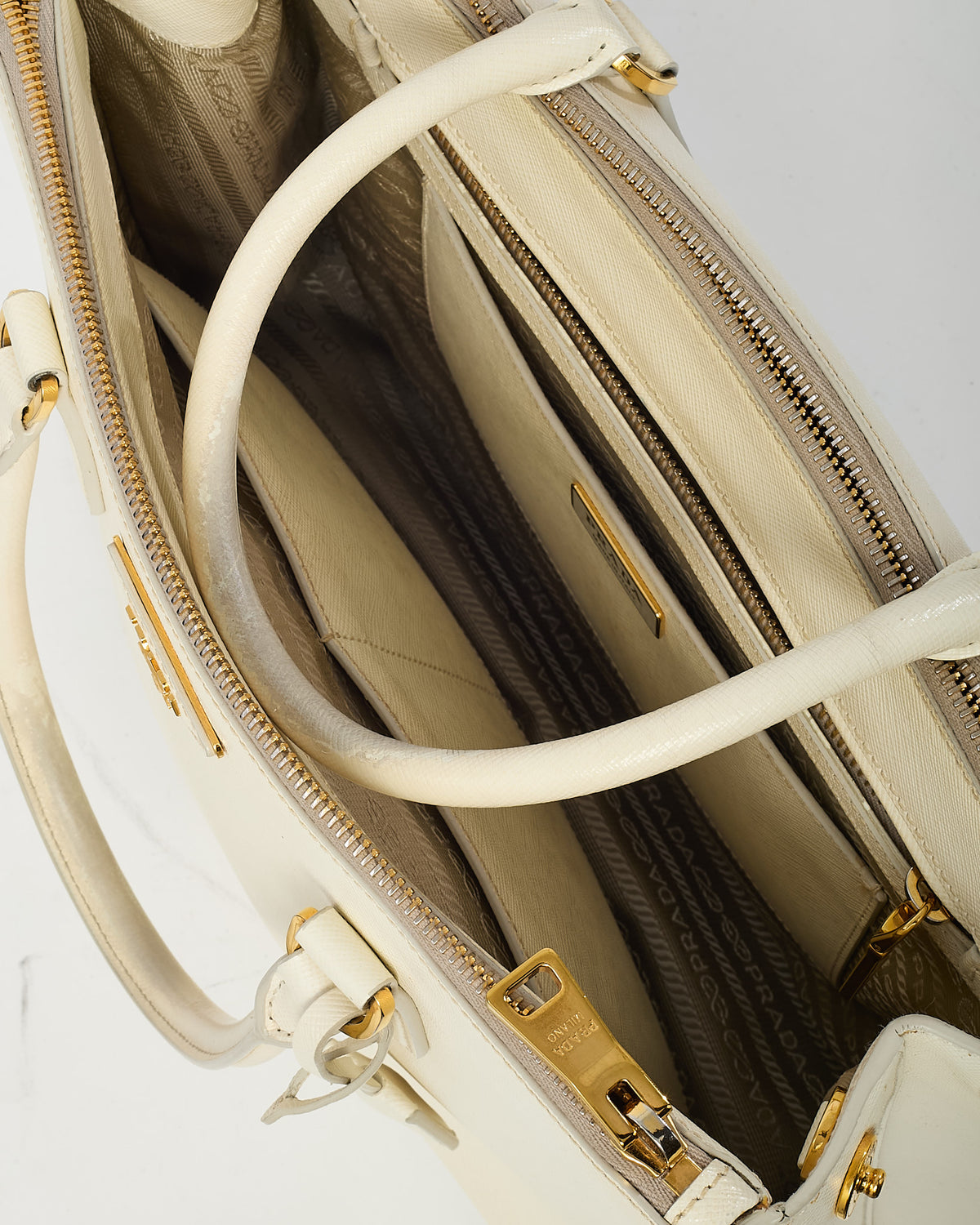Prada White Saffiano Leather Medium Galleria Double Zip Tote (No Strap)